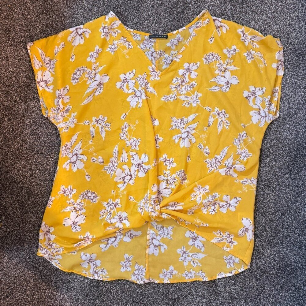 West Kei floral blouse - mustard/yellow with white flowers outlined in dark red